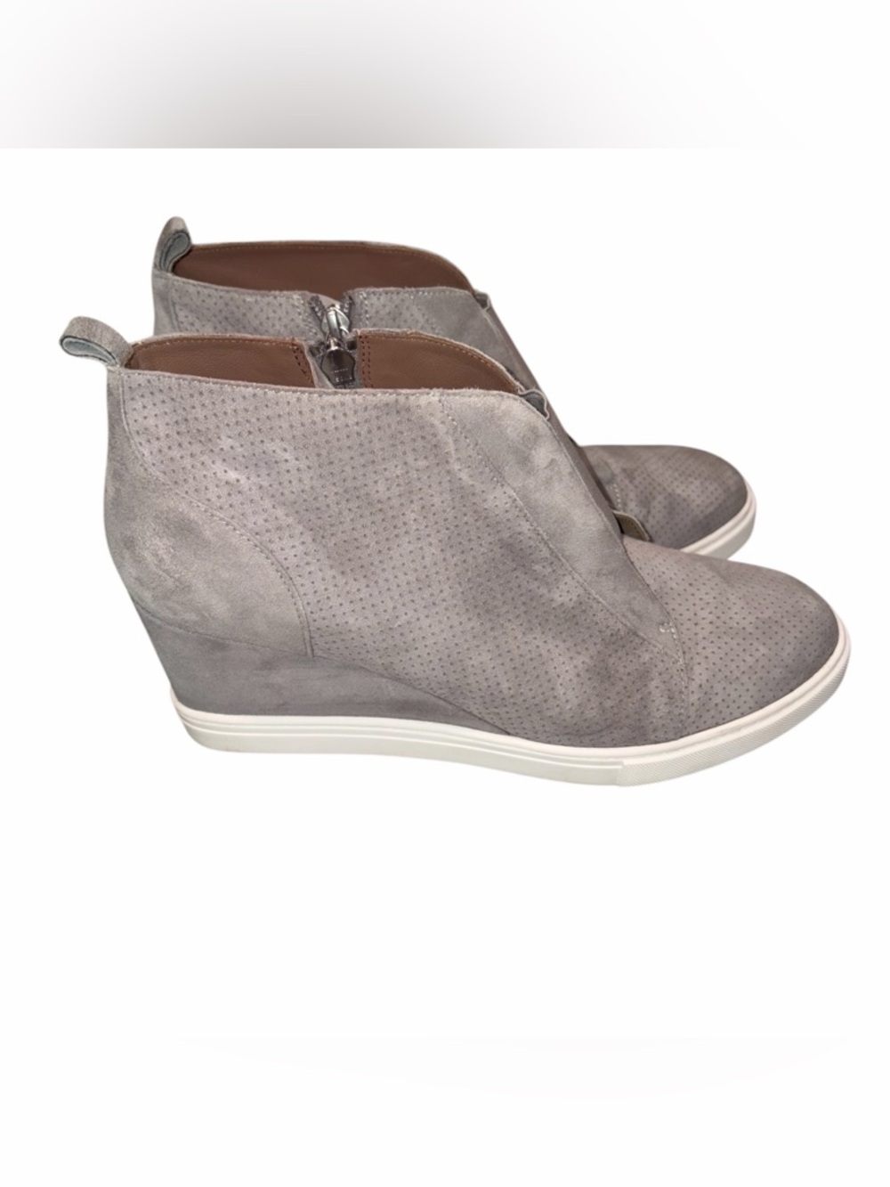 Linea Paolo Felicia Gray Perforated Suede Wedge Sneaker Booties Shoes size 9.5